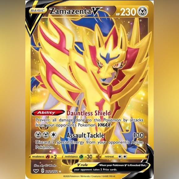 🛡️ Zamazenta V Gold Secret Rare 212/202 – Sword & Shield Base Set NM 🛡️ - Picture 1 of 5